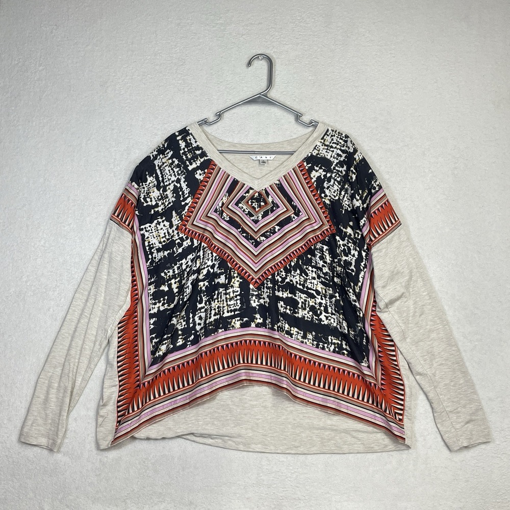 Cabi Silk Aztec Print Long Sleeve V-Neck Top Women's Large Shirt Boho Artsy Soft